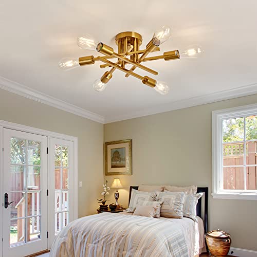6 Lights Semi Flush Mount Ceiling Light Fixture Gold Modern Matte Sputnik Chandelier Vintage Ceiling Lamp Farmhouse for Kitchen Bedroom Dining Room Living Room with E26 Bulb Base