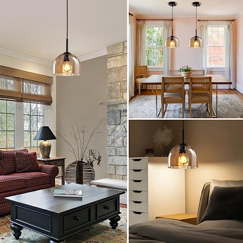 Amber Ribbed Glass Pendant Light Kitchen Island 7.8Inch Black Hanging Lamp