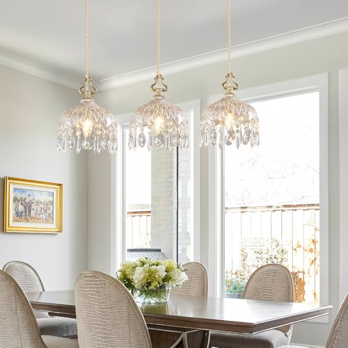 3 Light Pendant Light Fixtures Brass Vintage Glass Pendant Lights Crystal Hanging Light Fixtures (3 Count)