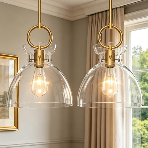 Gold Pendant Lights Kitchen Island with 9.84'' Clear Glass Shade (2 Count)