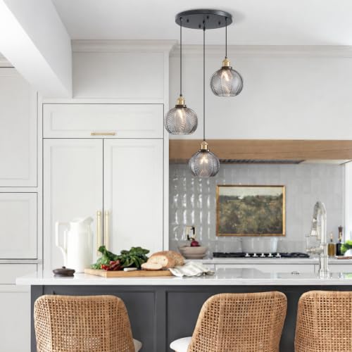 3 Light Modern Smoky Gray Striped Glass Cluster Pendant Light