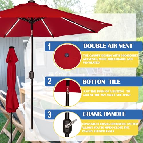 9 FT Patio Umbrella with Solar Lights 8 LED Strip Lights Red