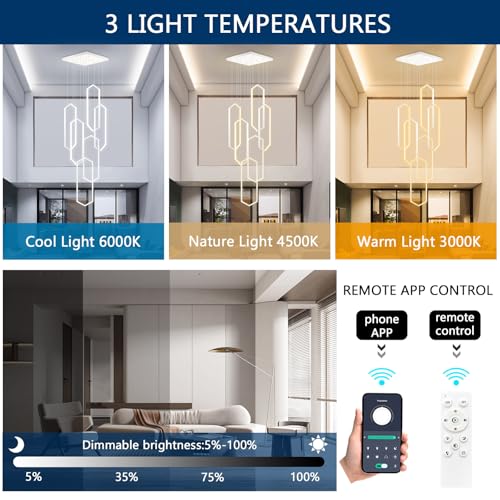 Modern Chandelier LED Dimmable Light for Staircase Living Room Entrance High Ceiling Chandeliers with Remote Control for Villa Foyer White