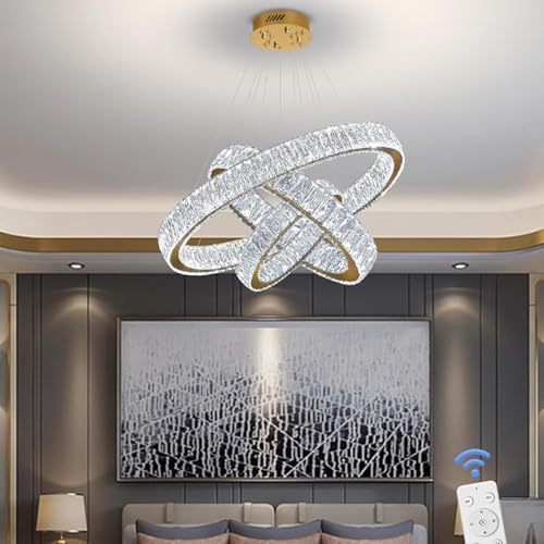 Modern Led Gold Ring Chandelier Luxury 3 Ring Crystal Chandelier Led Dimmable Light for Dining Room Height Adjustable Led Pendant Light 32''+24''+16''