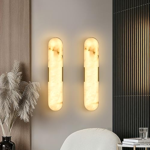 20in Alabaster Wall Sconce Set of 2 Gold 3CCT Marble Wall Light