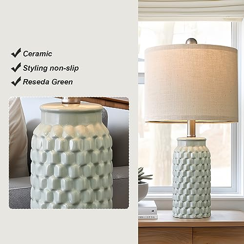 20.5 inches Modern Ceramic Green Bedside Lamp Set of 2 for Bedroom Decor Farmhouse Table Lamp for Living Room Office Dorm (2 Count)