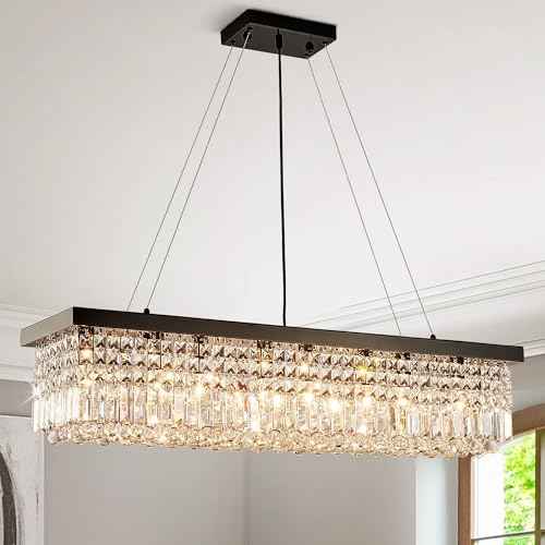 Modern Crystal Chandelier for Dining Room, 8-Light Black Rectangle Pendant Ceiling Light Fixture for Kitchen Island Bar, L40 x W10 x H10