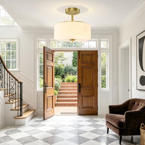 Gold Semi Flush Mount Ceiling Light for Schoolhouse (Gold/Milk)