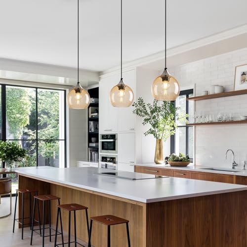 Light Brown Glass Pendant Lights Kitchen Island Globe Pendant Light Fixtures Modern Pendant Lighting for Bedroom Living Dining Room Light Fixture (2 Count)