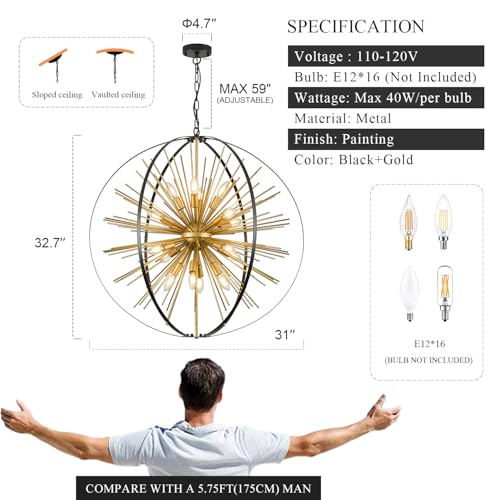 31" 16 Light Black Gold Sputnik Chandelier Modern Hanging Light