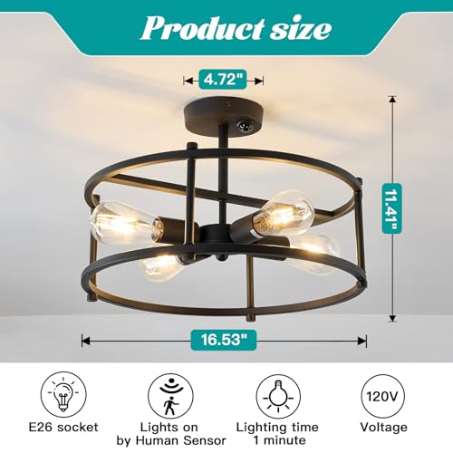 Motion Sensor Ceiling Light Indoor Industrial 4 Light Semi Flush Mout Ceiling Light Fixture Black Overhead Light for Entryway Hallway Closet Porch Front Farmhouse