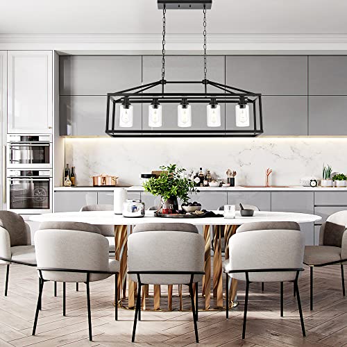 Kitchen Island Lighting 5 Light Modern Farmhouse Metal Cage Chandeliers with Clear Glass Shade Black Industrial Rectangle Dining Room Light Fixture Hanging Pendant Lamp for Foyer Bar Entryway
