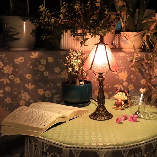 Tiffany Style Table Lamp Pink Diamond Stained Glass Lamp 14 Inch