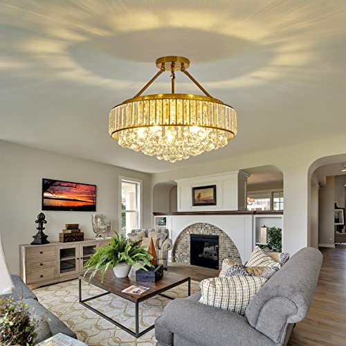 6 Light Modern Large Crystal Chandelier Gold Metal E26 Semi Flush Mount Round Ceiling Light Fixture Ceiling Lamp Farmhouse for Dining Room Living Room Laundry Room Foyer Kitchen Bedroom