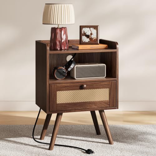 Nightstand with Charging Station & Rattan