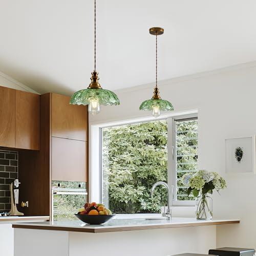 1 Light Pendant Light with Brass Gold Metal Green Glass Shade and Adjustable Cord Industrial Ceiling Hanging Light for Kitchen Island Bar Dining Room Bedroom Foyer Hallway Farmhouse