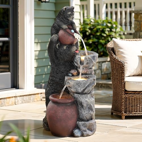 38" H Playful Twin Bear Statue Outdoor Fountain with LED Lights