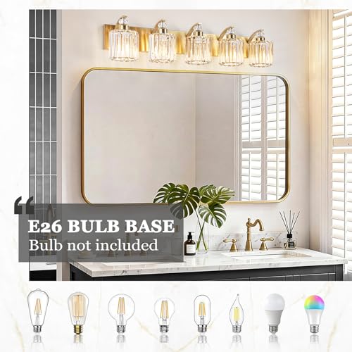 5 Lights Brushed Brass Bathroom Light Fixture Gold Vanity Lights Modern Crystal Bathroom Vanity Lighting Over Mirror Wall Sconce with K9 Crystal Shade E26 Base for Living Room
