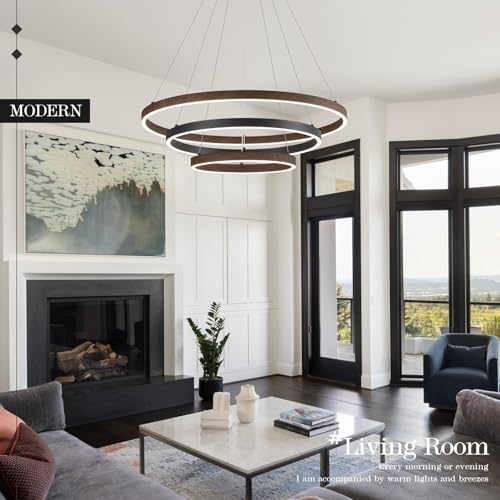 LED 3 Ring Chandelier Dining Room Modern Black Walnut Chandeliers Dimmable