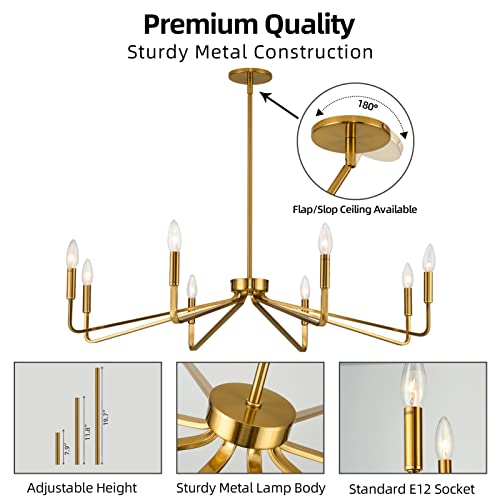 8 Light 38" Brass Modern Candle Chandelier for Dining Living Room