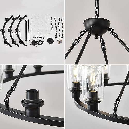 Black Wagon Wheel Chandelier 32 Inch Modern Farmhouse Glass Pendant Light 9
