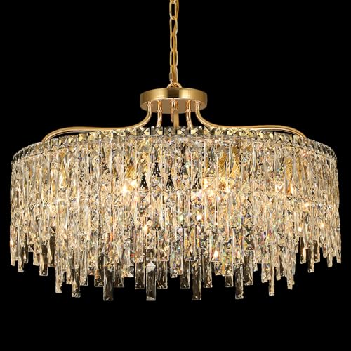 10 Lights Modern Gold Crystal Chandeliers for Dining Room 28"