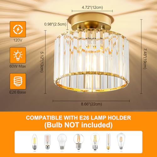 Crystal Gold Semi Flush Ceiling Light 8.66 Inch