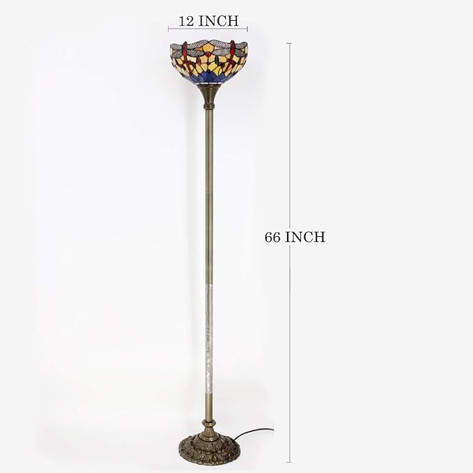 WERFACTORY Tiffany Floor Lamp Orange Blue Stained Glass Dragonfly Light 12X12X71 Inches Torchiere Standing Corner Torch Uplight Decor Bedroom Living Room Home Office S168 Series