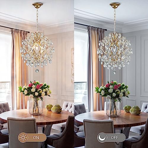 Modern Gold Pendant Chandelier Crystal Raindrop Lighting Ceiling Light Fixture Lamp for Dining Room Bathroom Bedroom Livingroom entryway 3 E12 Bulbs Required D16 in x H18 in