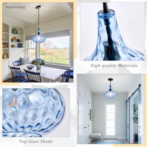 11" Blue Hammered Glass Pendant Light