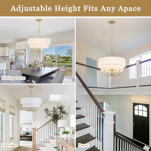 5 Light Gold Chandeliers for Dining Room with White Fabric Shades Two Layer (5 Count)