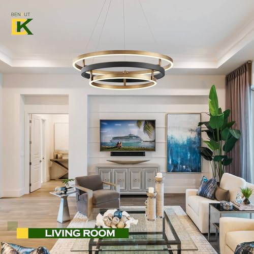 Modern LED Chandelier Black Gold Dimmable 3 Ring Pendant Light for Dining Room