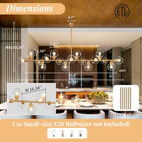 Gold Linear Chandeliers for Dining Room 17 Lights Modern Sputnik Chandelier