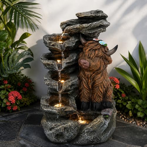 6 Tier Outdoor Water Fountain LED Waterfall with Highland Cow