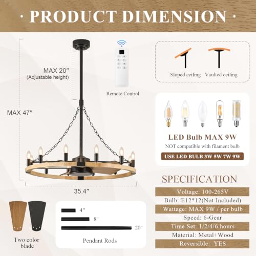 Natural Wooden Wagon Wheel Chandelier Fans 12