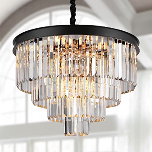 Modern Crystal Chandelier 24" Black Pendant Light Fixture for Living Room