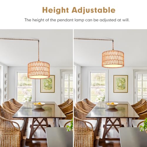 Rattan Plug in Pendant Boho Hanging Lamp with Dimmer Switch Woven Light Fixture Small Chandelier Ceiling Light with Plug in Cord for Bedroom Living Room Kitchen Island