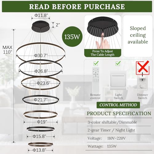 7 Ring LED Chandelier Black Walnut Wood Chandeliers Large Dimmable