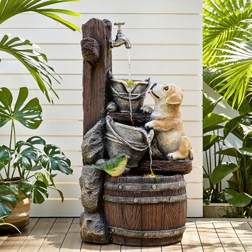 3 Tier Outdoor Fountain with Puppy & Green Bird and LED Lights