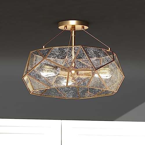 Euclid 16 in W Gold Aged Brass Contemporary Geometric Semi Flush Mount Ceiling Light Fixture with Silver Mercury Glass Shade