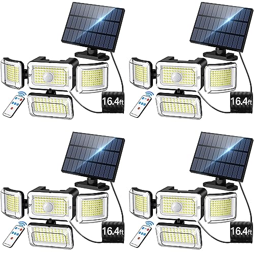 Solar Outdoor Lights Motion Sensor 3500LM 288 LED Solar Security Lights with Remote Control IP67 Waterproof 4 Heads Flood Lights with 16.4ft Cable 4 Modes Wall Lights (4 Count)