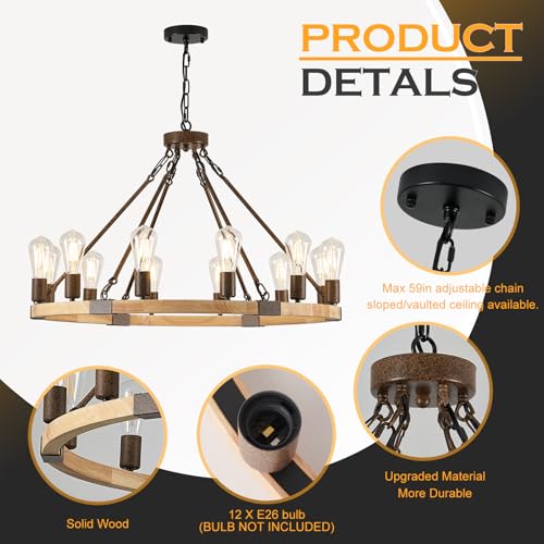 Farmhouse Wagon Wheel Chandelier 31" Wooden Rustic Light Fixtures 12