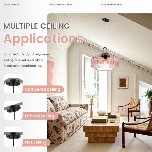 Large Glass Pendant Light Ribbed Pink Ceiling Hanging Light Fixture