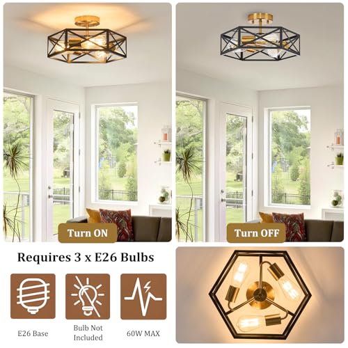 Modern Farmhouse Black and Gold Semi Flush Mount Ceiling Light 14.6 in
