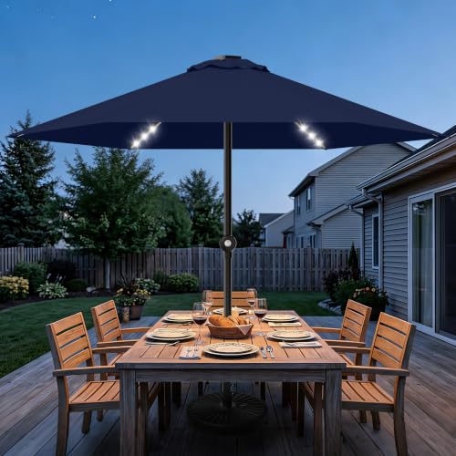 Patio Umbrella 9FT Solar Lights Push Up Outdoor Market Umbrella Navy