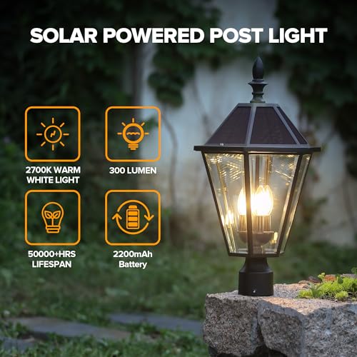 12513LE4-SL-Head LED Post Solar Light Outdoor, Dusk to Dawn Vintage Street Lights for Lawn Patio Yard Pathway Garden Mount (Base Not Included)