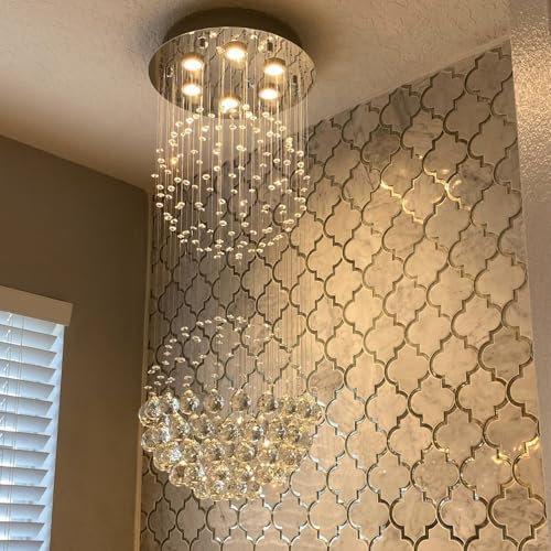 Crystal Modern Chandelier Contemporary 2 Balls Raindrop Crystal Chandelier Flush Mount Cylinder Chandelier Light Fixture Ceiling Lamp for Dining Room Living Room Kitchen Foyer Hallyway Bar