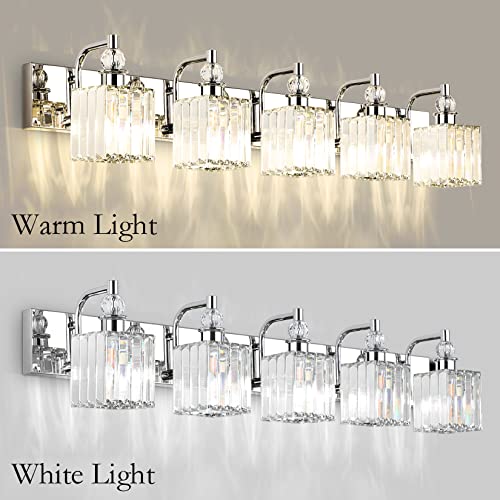 Modern Crystal Bathroom Vanity Light 5 Light 40''Chrome Vanity Lighting Over Mirror Bathroom Wall Lighting Fixtures