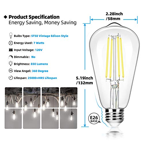 12 Pack Vintage 7W ST58 LED Edison Light Bulbs 60W Equivalent (12 Count)