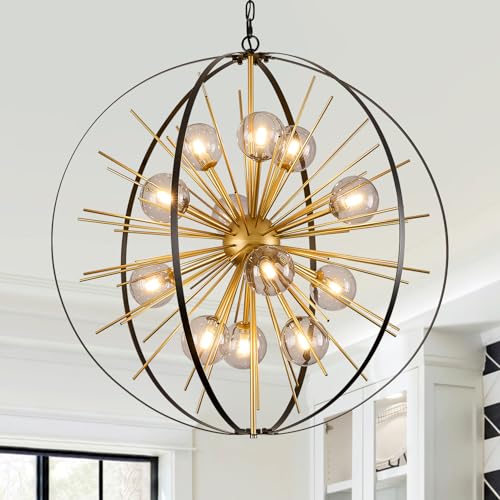 31" 12 Light Black Gold Sputnik Chandeliers with Smoke Glass Shade